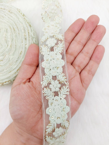 Soft Net Lace Trim Floral Embroidery and Sequins, Floral Sari Border, Decorative Trim